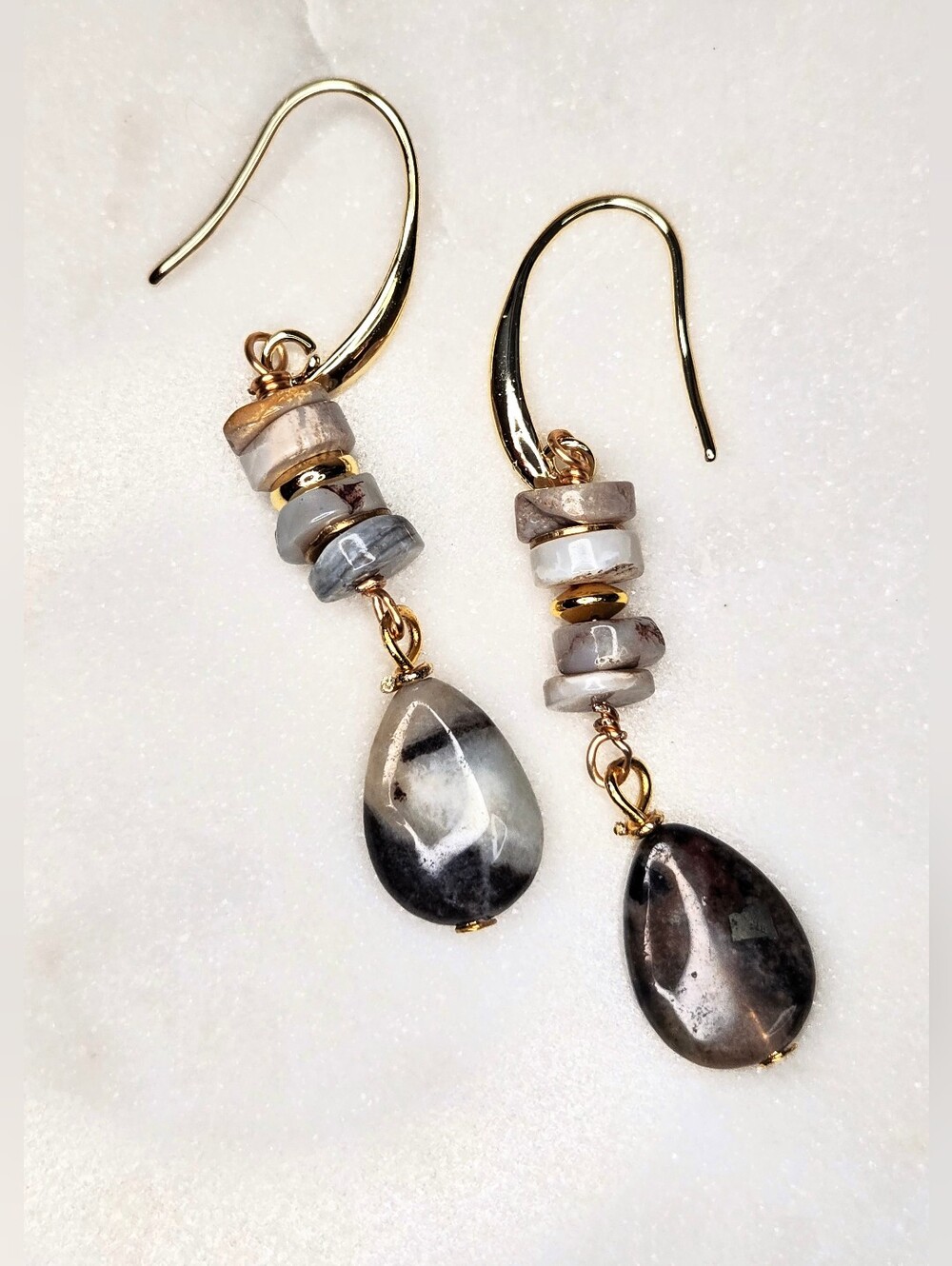 Natural Earth Toned Silver Leaf Jasper In Artisan HandMade Gold Plated Earrings